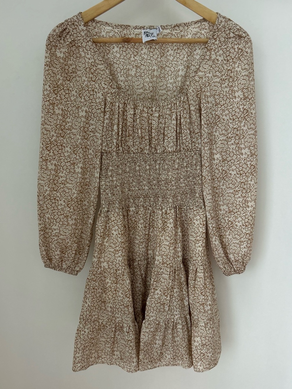 Princess Polly Floral Mini Dress XS Cream Brown Smocked Tiered Cottagecore